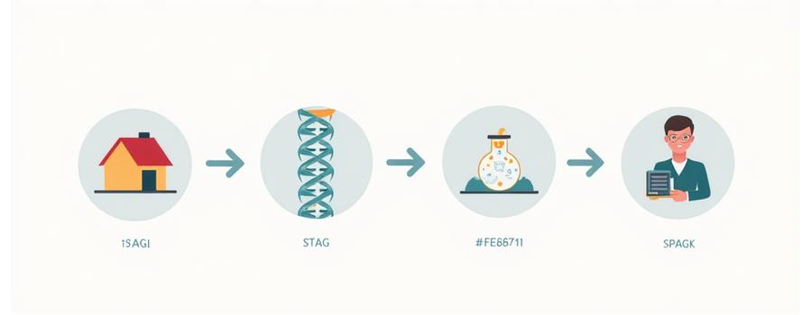 Illustrated step-by-step flowchart for DNA and microbiome testing, showing kit delivery, sample collection, lab analysis, and results.